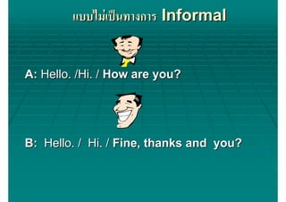 แบบไมเปนทางการ Informal


A: Hello. /Hi. / How are you?




B: Hello. / Hi. / Fine, thanks and you?
 