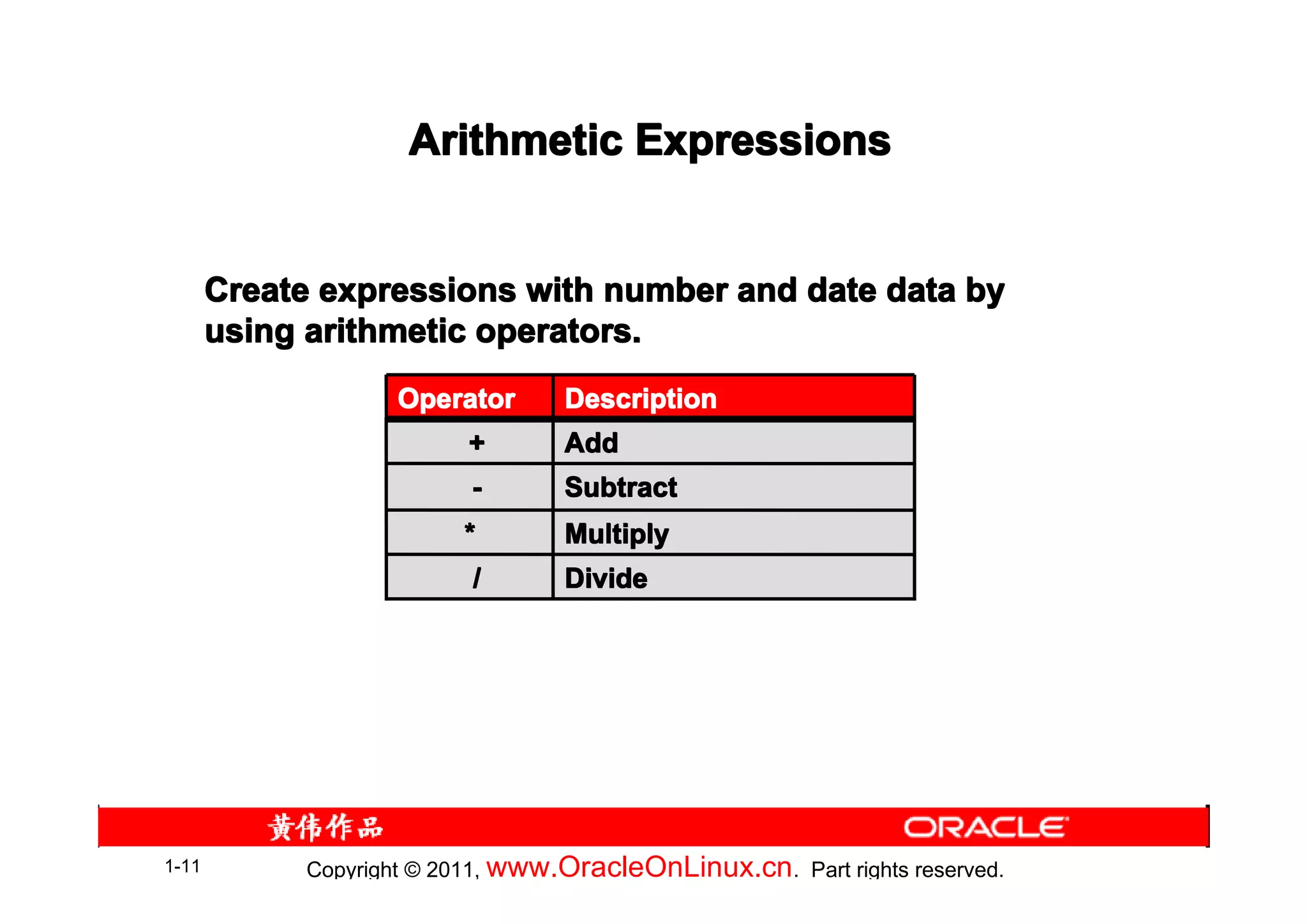 Arithmetic Expressions


       Create expressions with number and date data by
       using arithmetic operators.
                     Operator      Description
                           +       Add
                           -       Subtract
                           *       Multiply
                           /       Divide




1-11         Copyright © 2011, www.OracleOnLinux.cn . Part rights reserved.
 