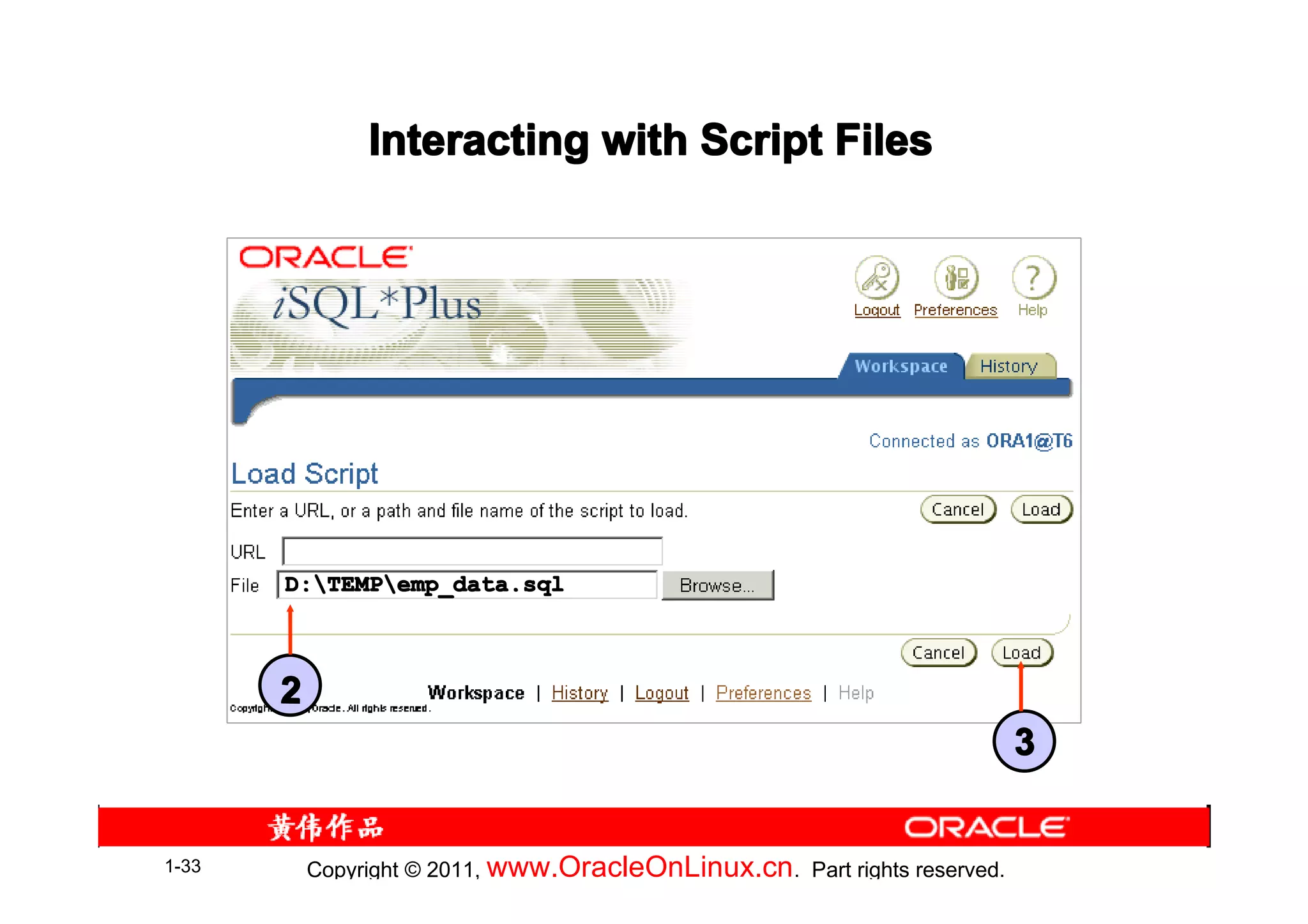 Interacting with Script Files




       D:TEMPemp_data.sql



       2
                                                                            3


1-33       Copyright © 2011, www.OracleOnLinux.cn . Part rights reserved.
 