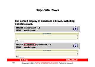 Duplicate Rows


       The default display of queries is all rows, including
       duplicate rows.
       SELECT department_id
       FROM   employees;                                                      1


       …
       SELECT DISTINCT department_id
       FROM   employees;                                                      2


       …

1-22         Copyright © 2011, www.OracleOnLinux.cn . Part rights reserved.
 