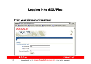 Logging In to iSQL*Plus
                                   SQL*


       From your browser environment:




1-26        Copyright © 2011, www.OracleOnLinux.cn . Part rights reserved.
 