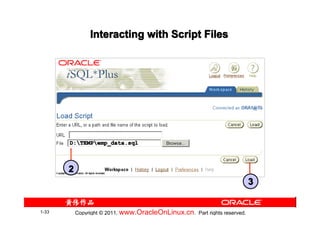 Interacting with Script Files




       D:TEMPemp_data.sql



       2
                                                                            3


1-33       Copyright © 2011, www.OracleOnLinux.cn . Part rights reserved.
 