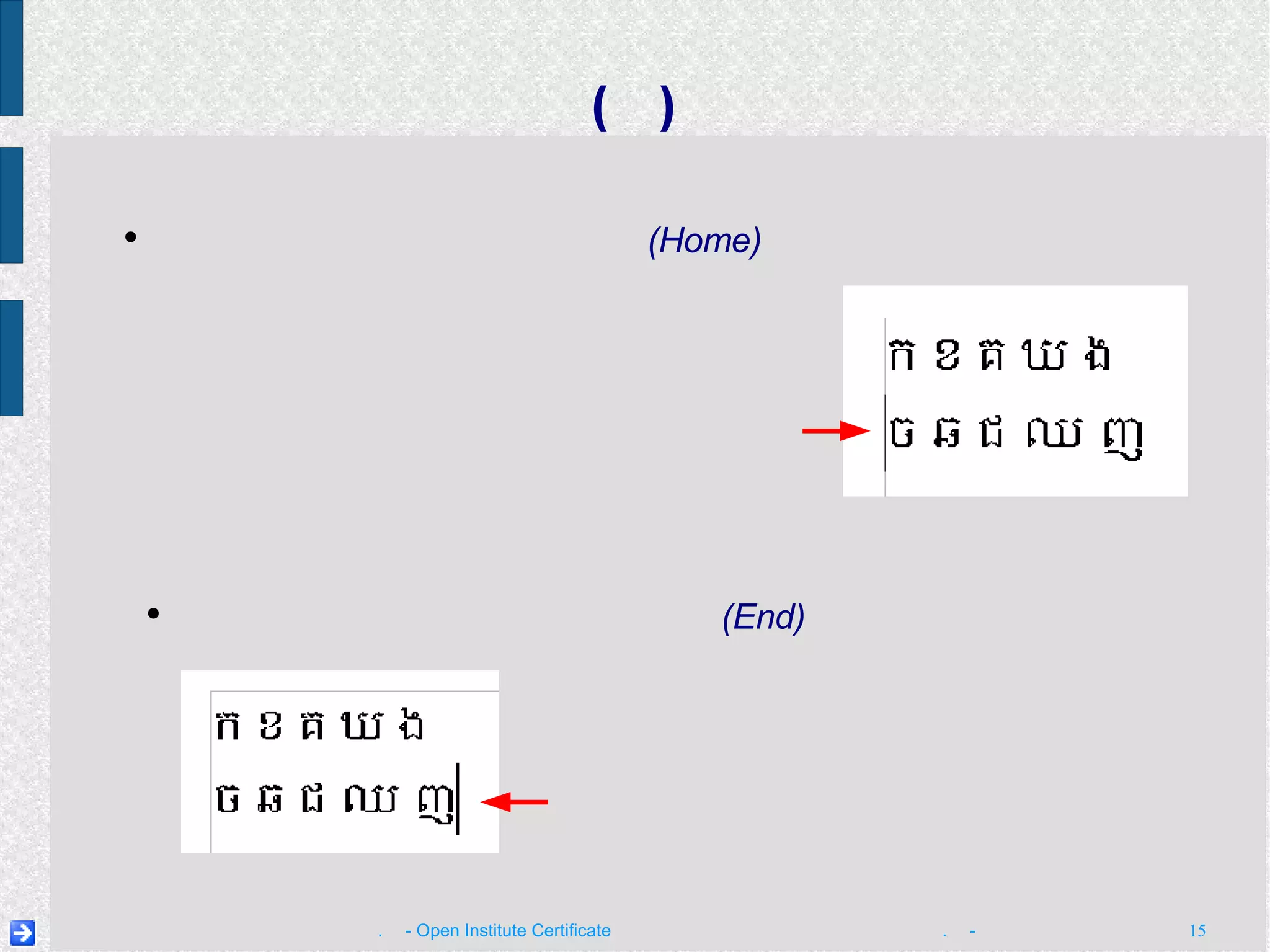 ផ្លាស់ទី​ទស្សន៍ទ្រនិច  ( ត ) ផ្លាស់ទី​ទស្សន៍ទ្រនិច​ទៅ​ដើម​បន្ទាត់ ចុច​គ្រាប់ចុច  ដើម  (Home)   ដើម្បី​ផ្លាស់ទី​ទស្សន៍ទ្រនិច​ទៅ​ដើម​បន្ទាត់ ។ ទស្សន៍ទ្រនិច ត្រូវ​បាន​ផ្លាស់ទី​មក​ដើម​បន្ទាត់ ផ្លាស់ទី​ទស្សន៍ទ្រនិច​ទៅ​ចុង​បន្ទាត់ ចុច​គ្រាប់ចុច  ចុង  (End)   ដើម្បី​ផ្លាស់ទី​ទស្សន៍ទ្រនិច​ទៅ​ចុង​បន្ទាត់ ទស្សន៍ទ្រនិច ត្រូវ​បាន​ផ្លាស់ទី​មក​ចុង​បន្ទាត់ 