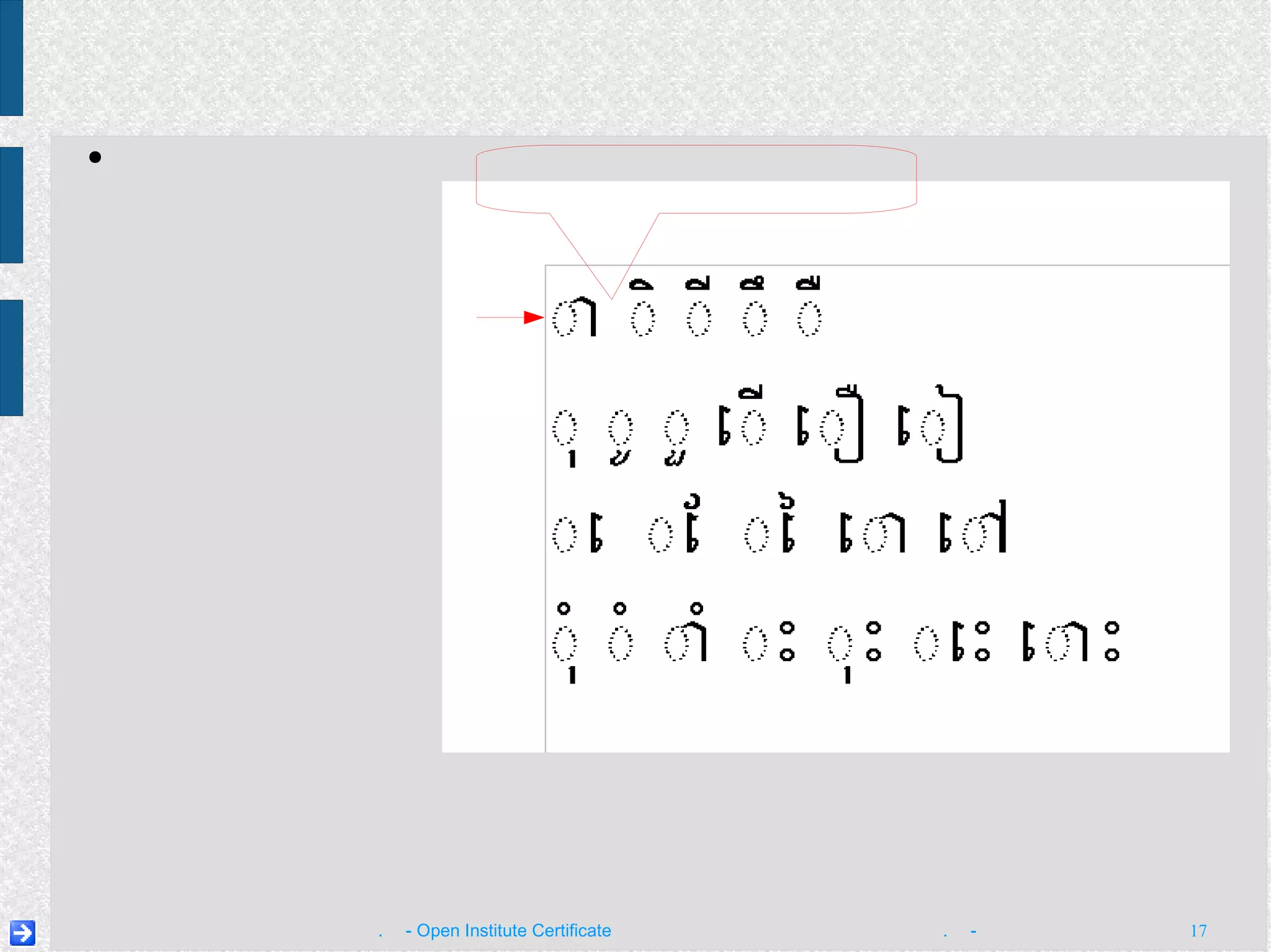 វាយ​ស្រៈ រង្វង់​ចុច​ៗ​ជា​ទីតាំង​ព្យញ្ជនៈ វាយ​ស្រៈ ៖ ត្រូវ​ដក​ឃ្លា​ចូល​ឲ្យ​ផុត​បន្ទាត់​ព្រំ​ដែន​អត្ថបទ​ជា​មុន​សិន បន្ទាប់​មក​វាយ​ស្រៈ ​​ ។ ចន្លោះ​ស្រៈ​នីមួយៗ​ត្រូវ​ដកឃ្លា 