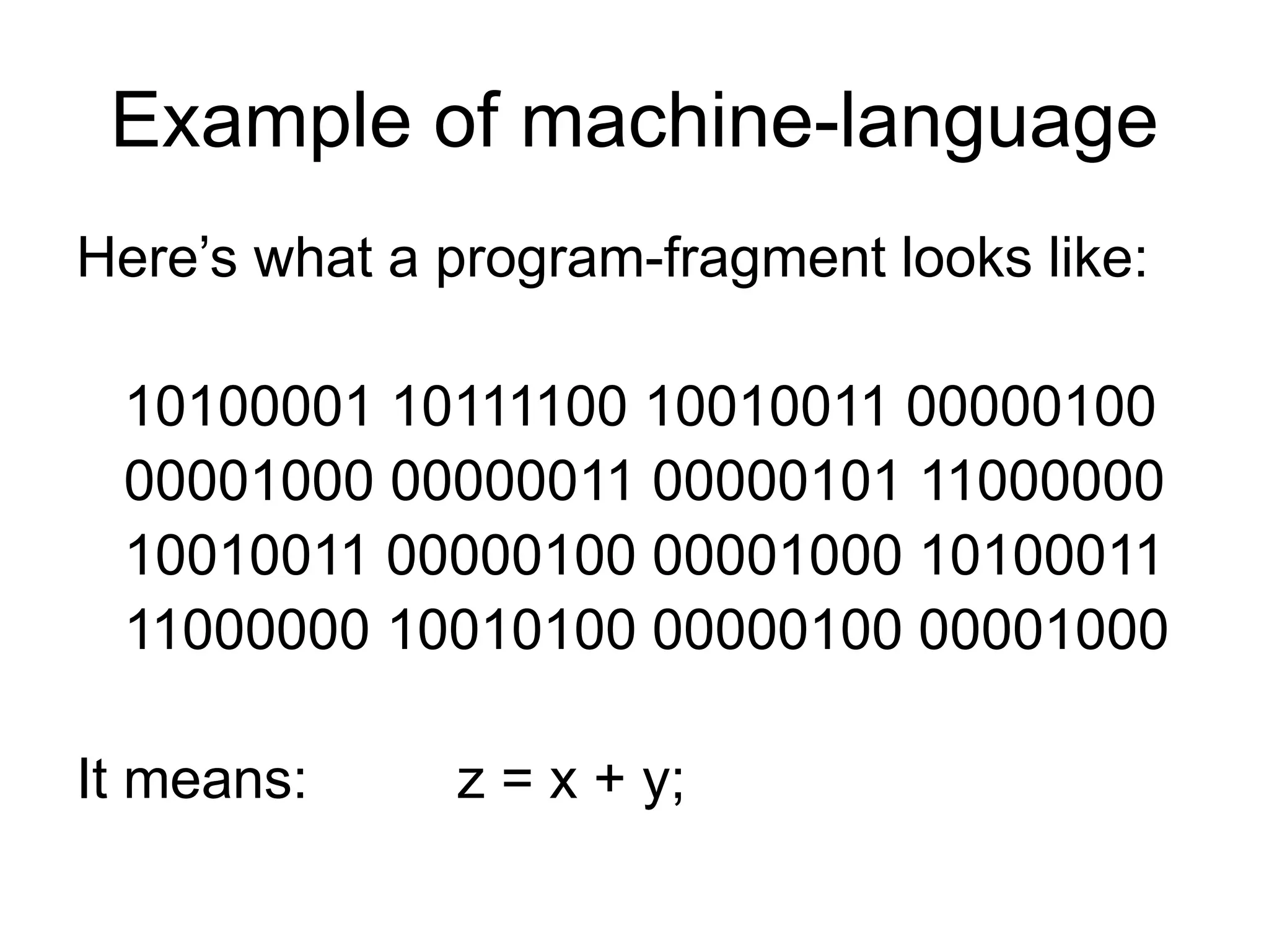 Example of machine-language
Here’s what a program-fragment looks like:
10100001 10111100 10010011 00000100
00001000 00000011 00000101 11000000
10010011 00000100 00001000 10100011
11000000 10010100 00000100 00001000
It means: z = x + y;
 