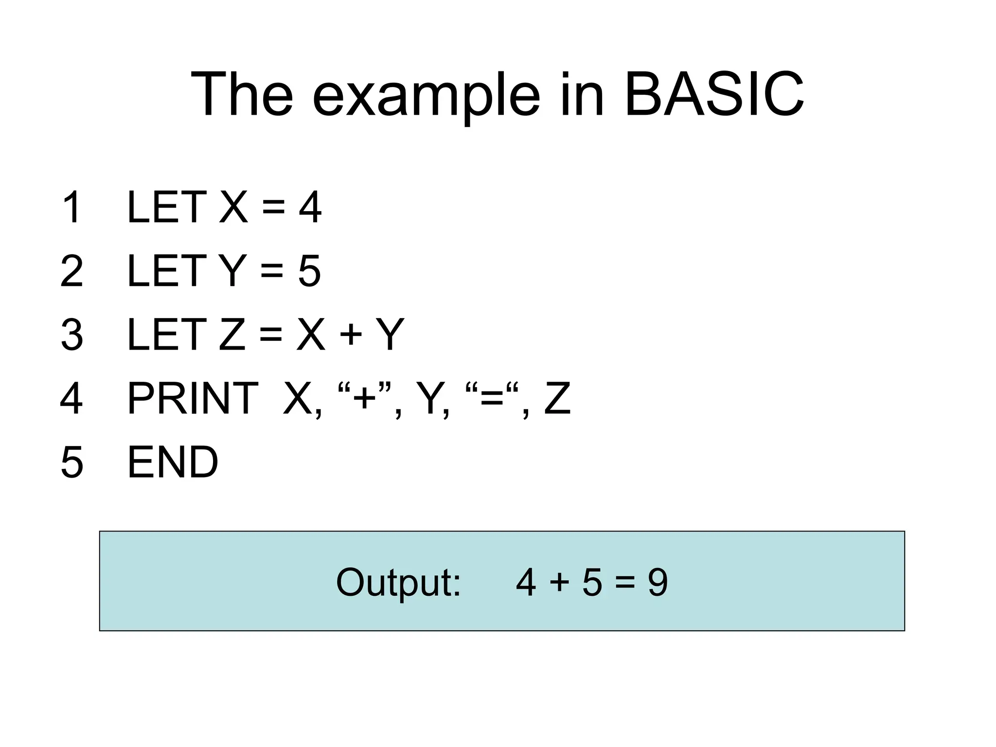The example in BASIC
1 LET X = 4
2 LET Y = 5
3 LET Z = X + Y
4 PRINT X, “+”, Y, “=“, Z
5 END
Output: 4 + 5 = 9
 