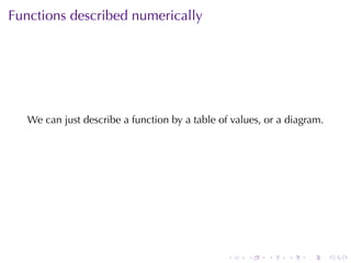Functions	described	numerically




   We	can	just	describe	a	function	by	a	table	of	values, or	a	diagram.




                                                .   .    .    .   .      .
 