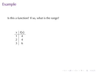 Example


  Is	this	a	function? If	so, what	is	the	range?



         x f(x)
         1 4
         2 4
         3 6




                                                  .   .   .   .   .   .
 