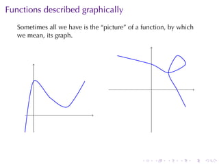Functions	described	graphically
   Sometimes	all	we	have	is	the	“picture”	of	a	function, by	which
   we	mean, its	graph.




                                                  .


        .




                                              .       .   .   .   .   .
 