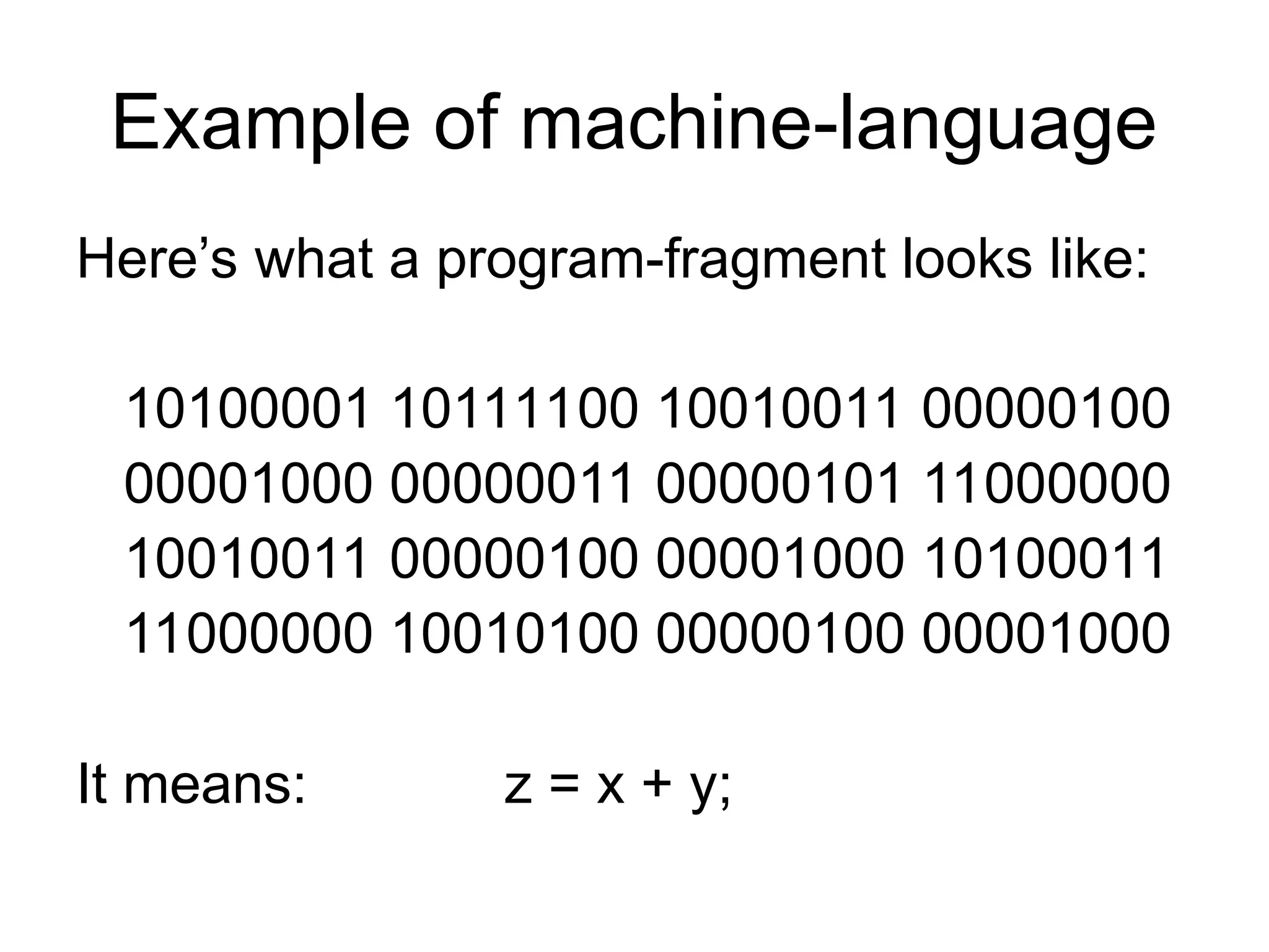 Example of machine-language
Here’s what a program-fragment looks like:
10100001 10111100 10010011 00000100
00001000 00000011 00000101 11000000
10010011 00000100 00001000 10100011
11000000 10010100 00000100 00001000
It means: z = x + y;
 