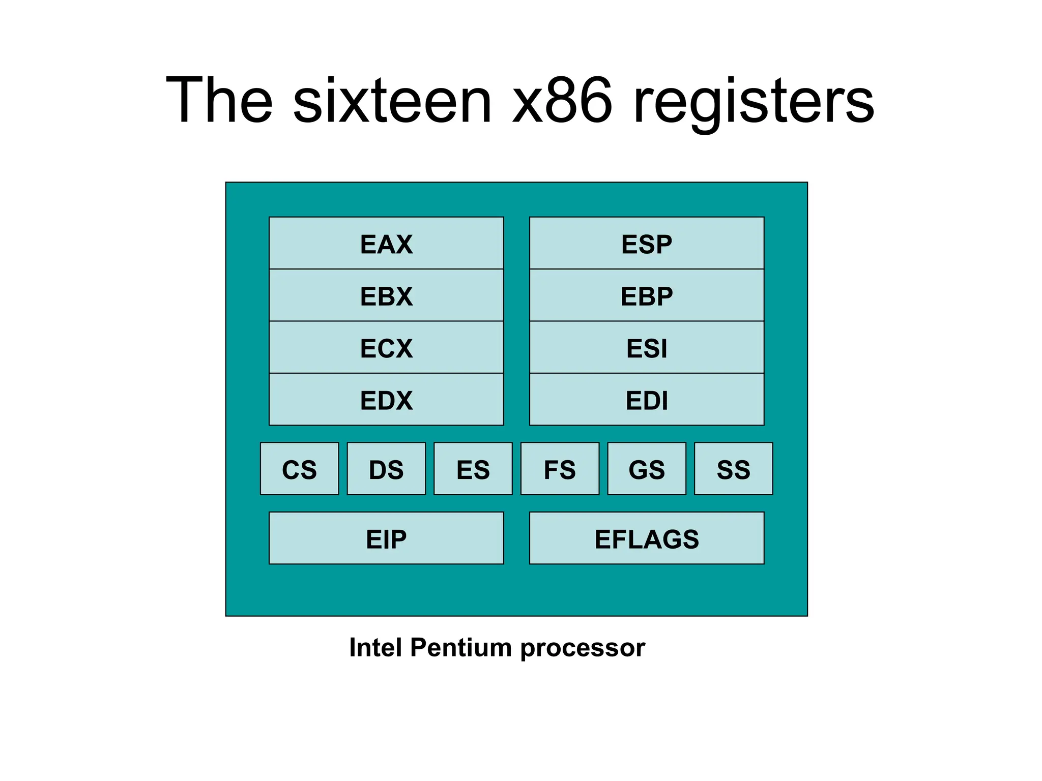 The sixteen x86 registers
EAX ESP
EBX EBP
ECX ESI
EDX EDI
EIP EFLAGS
CS DS ES FS GS SS
Intel Pentium processor
 