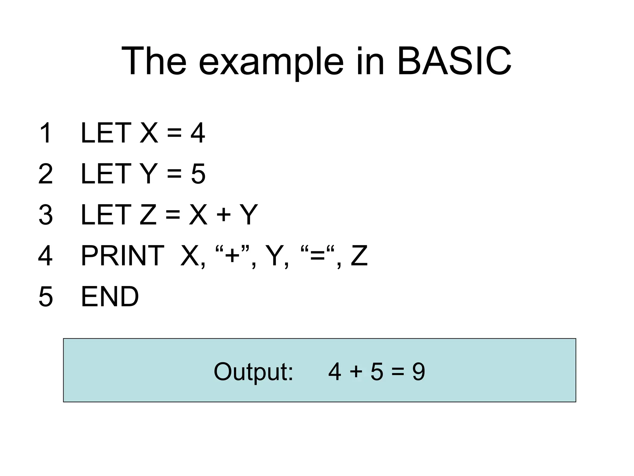 The example in BASIC
1 LET X = 4
2 LET Y = 5
3 LET Z = X + Y
4 PRINT X, “+”, Y, “=“, Z
5 END
Output: 4 + 5 = 9
 