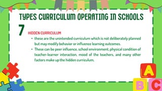 TYPES CURRICULUM OPERATING IN SCHOOLS
7 HIDDEN CURRICULUM
• these are the unintended curriculum which is not deliberately planned
but may modify behavior or influence learning outcomes.
• These can be peer influence, school environment, physical condition of
teacher-learner interaction, mood of the teachers, and many other
factors make up the hidden curriculum,
 