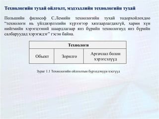 Технологийн тухай ойлголт, мэдээллийн технологийн тухай
Польшийн философ С.Лемийн технологийн тухай тодорхойлохдоо
“технологи нь үйлдвэрлэлийн хүрээгээр хязгаарлагдахгүй, харин хүн
нийгмийн хэрэгцээний шаардлагаар янз бүрийн технологиуд янз бүрийн
салбаруудад хэрэгждэг” гэсэн байна.
Технологи
Обьект Зорилго
Аргачлал болон
хэрэгсэлүүд
Зураг 1.1 Технологийн ойлголтын бүрэлдэхүүн хэсгүүд
 