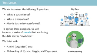 This Lesson
We aim to answer the following 3 questions:
To answer these questions, we will
focus on a series of trends that are driving
the data science “revolution”
We finish with
• A mini (ungraded!) quiz
• Onboarding of Python, Kaggle, and Paperspace
Big Data
Machine Learning
• What is data science?
• Why is it important?
• How is data science performed?
 
