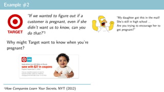 Example #2
“If we wanted to figure out if a
customer is pregnant, even if she
didn’t want us to know, can you
do that?”1
1How Companies Learn Your Secrets, NYT (2012)
Why might Target want to know when you’re
pregnant?
“My daughter got this in the mail!
She’s still in high school …
Are you trying to encourage her to
get pregnant?”
 