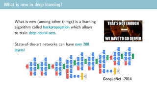 What is new in deep learning?
What is new (among other things) is a learning
algorithm called backpropagation which allows
to train deep neural nets.
State-of-the-art networks can have over 200
layers!
GoogLeNet -2014
 