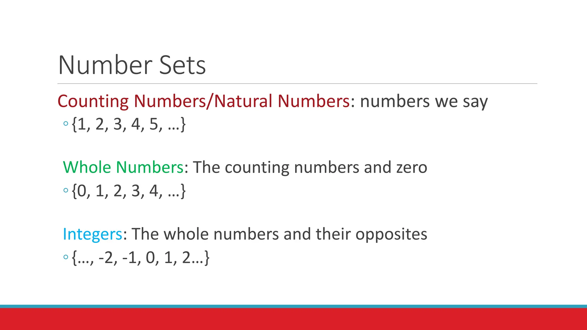 Number Sets
Counting Numbers/Natural Numbers: numbers we say
◦{1, 2, 3, 4, 5, …}
Whole Numbers: The counting numbers and zero
◦{0, 1, 2, 3, 4, …}
Integers: The whole numbers and their opposites
◦{…, -2, -1, 0, 1, 2…}