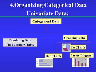 4.Organizing Categorical Data Univariate Data:   Categorical Data Tabulating Data The Summary Table Graphing Data Pie Charts Pareto Diagram Bar Charts 