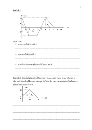 9
ตัวอย่างที่ 22

                 v(m/s)
           10

            5 S                                         S3
                1
             0                                                                t(s)
                    1        2      3   4    5   6           7   8   9   10
           -5                      S2

              -
             10
จากรูป จงหา
     ก. การกระจัดเมื่อสิ้นวินาทีที่ 5
   …………………………………………………………………………………………………………
   …………………………………………………………………………………………………………
     ข. ระยะทางเมื่อสิ้นวินาทีที่ 8
   …………………………………………………………………………………………………………
   …………………………………………………………………………………………………………
     ค. ความเร็วเฉลี่ยตลอดทางที่เคลื่อนที่ได้ในเวลา 8 นาที
   …………………………………………………………………………………………………………
   …………………………………………………………………………………………………………
   …………………………………………………………………………………………………………
ตัวอย่างที่ 23 วัตถุหนึ่งเริ่มต้นเคลื่อนที่ด้วยความเร็ว 5 m/s และมีความเร่ง 2 m/s2 เป็นเวลา 10 s
หลังจากนั้นวัตถุเคลี่อนที่ช้าลงจนกระทั่งหยุด โดยใช้เวลาอีก 10 s จงหาขนาดความเร็วเฉลี่ยของการ
เคลื่อนที่ในหน่วยเมตรต่อวินาที
                   v(m)
             25
                        S1        S2
            5
            0                                    t(s)
                             10         20

……………………………………………………………………………………………………………
……………………………………………………………………………………………………………
……………………………………………………………………………………………………………
……………………………………………………………………………………………………………
……………………………………………………………………………………………………………
 