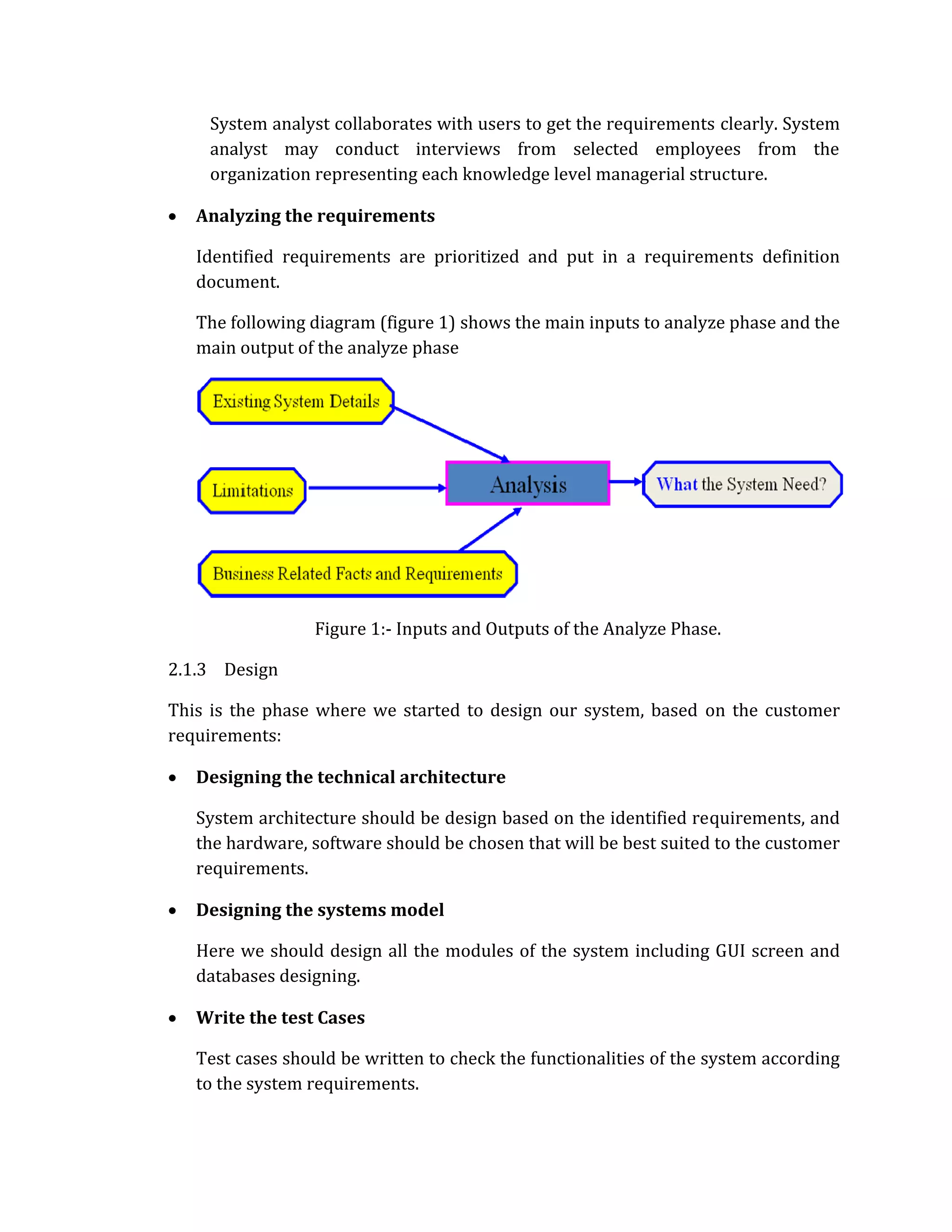 System analyst collaborates with users to get the requirements clearly. System
     analyst may conduct interviews from selected employees from the
     organization representing each knowledge level managerial structure.

•   Analyzing the requirements

    Identified requirements are prioritized and put in a requirements definition
    document.

    The following diagram (figure 1) shows the main inputs to analyze phase and the
    main output of the analyze phase




                  Figure 1:‐ Inputs and Outputs of the Analyze Phase.

2.1.3 Design

This is the phase where we started to design our system, based on the customer
requirements:

•   Designing the technical architecture

    System architecture should be design based on the identified requirements, and
    the hardware, software should be chosen that will be best suited to the customer
    requirements.

•   Designing the systems model

    Here we should design all the modules of the system including GUI screen and
    databases designing.

•   Write the test Cases

    Test cases should be written to check the functionalities of the system according
    to the system requirements.
 