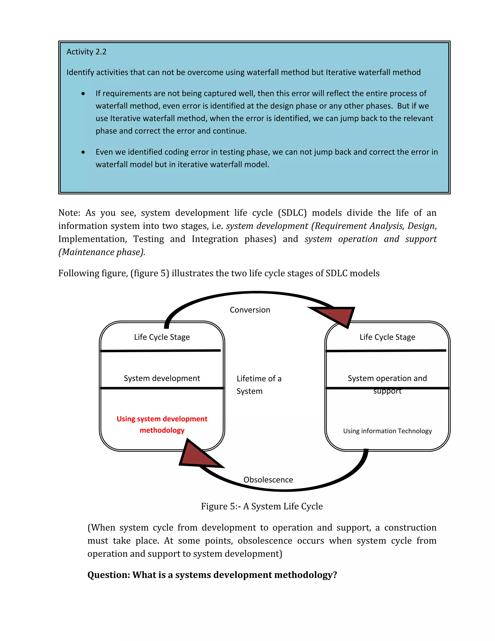 Activity 2.2

  Identify activities that can not be overcome using waterfall method but Iterative waterfall method

      •    If requirements are not being captured well, then this error will reflect the entire process of
           waterfall method, even error is identified at the design phase or any other phases. But if we
           use Iterative waterfall method, when the error is identified, we can jump back to the relevant
           phase and correct the error and continue.

      •    Even we identified coding error in testing phase, we can not jump back and correct the error in
           waterfall model but in iterative waterfall model.




Note: As you see, system development life cycle (SDLC) models divide the life of an
information system into two stages, i.e. system development (Requirement Analysis, Design,
Implementation, Testing and Integration phases) and system operation and support
(Maintenance phase).

Following figure, (figure 5) illustrates the two life cycle stages of SDLC models


                                                Conversion


                     Life Cycle Stage                                                Life Cycle Stage



                  System development              Lifetime of a                  System operation and
                                                  System                               support


                 Using system development
                        methodology                                             Using information Technology




                                                    Obsolescence


                                        Figure 5:‐ A System Life Cycle

          (When system cycle from development to operation and support, a construction
          must take place. At some points, obsolescence occurs when system cycle from
          operation and support to system development)

          Question: What is a systems development methodology?
 