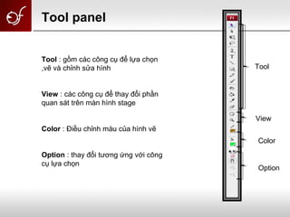 Tool panel
Tool
View
Color
Option
Tool : gồm các công cụ để lựa chọn
,vẽ và chỉnh sửa hình
View : các công cụ để thay đổi phần
quan sát trên màn hình stage
Color : Điều chỉnh màu của hình vẽ
Option : thay đổi tương ứng với công
cụ lựa chọn
 