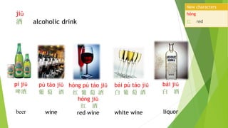 pí jiǔ
啤酒
beer
pú táo jiǔ
葡 萄 酒
wine
jiǔ
酒 alcoholic drink
hóng pú táo jiǔ
红 葡 萄 酒
hóng jiǔ
红 酒
red wine
bái pú táo jiǔ
白 葡 萄 酒
white wine
bái jiǔ
白 酒
liquor
hóng
红 red
New characters
 