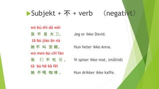 Subjekt + 不 + verb （negativt）
wǒ bú shì dà wèi
我 不 是 大 卫。 Jeg er ikke David.
tā bú jiào ān nà
她 不 叫 安 娜。 Hun heter ikke Anna.
wǒ men bù chī fàn
我 们 不 吃 饭 。 Vi spiser ikke mat. (måltid)
tā bù hē kā fēi
她 不 喝 咖 啡 。 Hun drikker ikke kaffe.
 