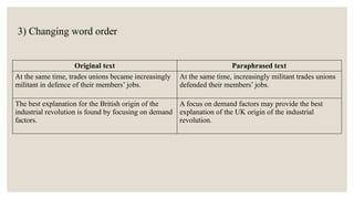 3) Changing word order
Original text Paraphrased text
At the same time, trades unions became increasingly
militant in defence of their members’ jobs.
At the same time, increasingly militant trades unions
defended their members’ jobs.
The best explanation for the British origin of the
industrial revolution is found by focusing on demand
factors.
A focus on demand factors may provide the best
explanation of the UK origin of the industrial
revolution.
 