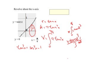 Revolve about the x­axis
                             A(x) =    tan2(x)


y = tan(x)




  y = 0           x = 
                         4
                                             0.674 units
 