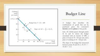 Budget Line
A budget line describes the
combinations of goods that can be
purchased given the consumer’s
income and the prices of the goods.
Line AG (which passes through points
B, D, and E) shows the budget
associated with an income of $80, a
price of food of PF = $1 per unit, and a
price of clothing of PC = $2 per unit.
The slope of the budget line (measured
between points B and D) is –PF/PC = -
10/20 = -1/2.
 