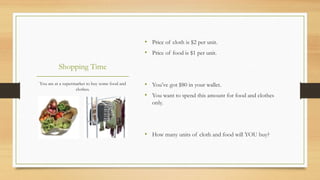 Shopping Time
You are at a supermarket to buy some food and
clothes.
• Price of cloth is $2 per unit.
• Price of food is $1 per unit.
• You’ve got $80 in your wallet.
• You want to spend this amount for food and clothes
only.
• How many units of cloth and food will YOU buy?
 