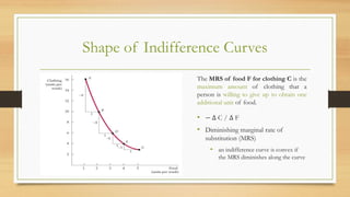Shape of Indifference Curves
The MRS of food F for clothing C is the
maximum amount of clothing that a
person is willing to give up to obtain one
additional unit of food.
• − ∆ C / ∆ F
• Diminishing marginal rate of
substitution (MRS)
• an indifference curve is convex if
the MRS diminishes along the curve
 