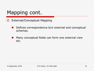 6 September 2019 S M Irteza / Dr Rafi Ullah 13
Mapping cont.
 External/Conceptual Mapping
 Defines correspondence b/w external and conceptual
schemas.
 Many conceptual fields can form one external view
etc.
 