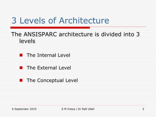6 September 2019 S M Irteza / Dr Rafi Ullah 3
3 Levels of Architecture
The ANSISPARC architecture is divided into 3
levels
 The Internal Level
 The External Level
 The Conceptual Level
 