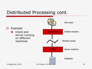 6 September 2019 S M Irteza / Dr Rafi Ullah 32
Distributed Processing cont.
 Example
 Client and
server running
on different
machines
Applications
DBMS
Clients machine
Server machine
End users
Database
Remote access
 
