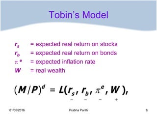 Tobin’s Model
rs = expected real return on stocks
rb = expected real return on bonds
 e = expected inflation rate
W = rea...