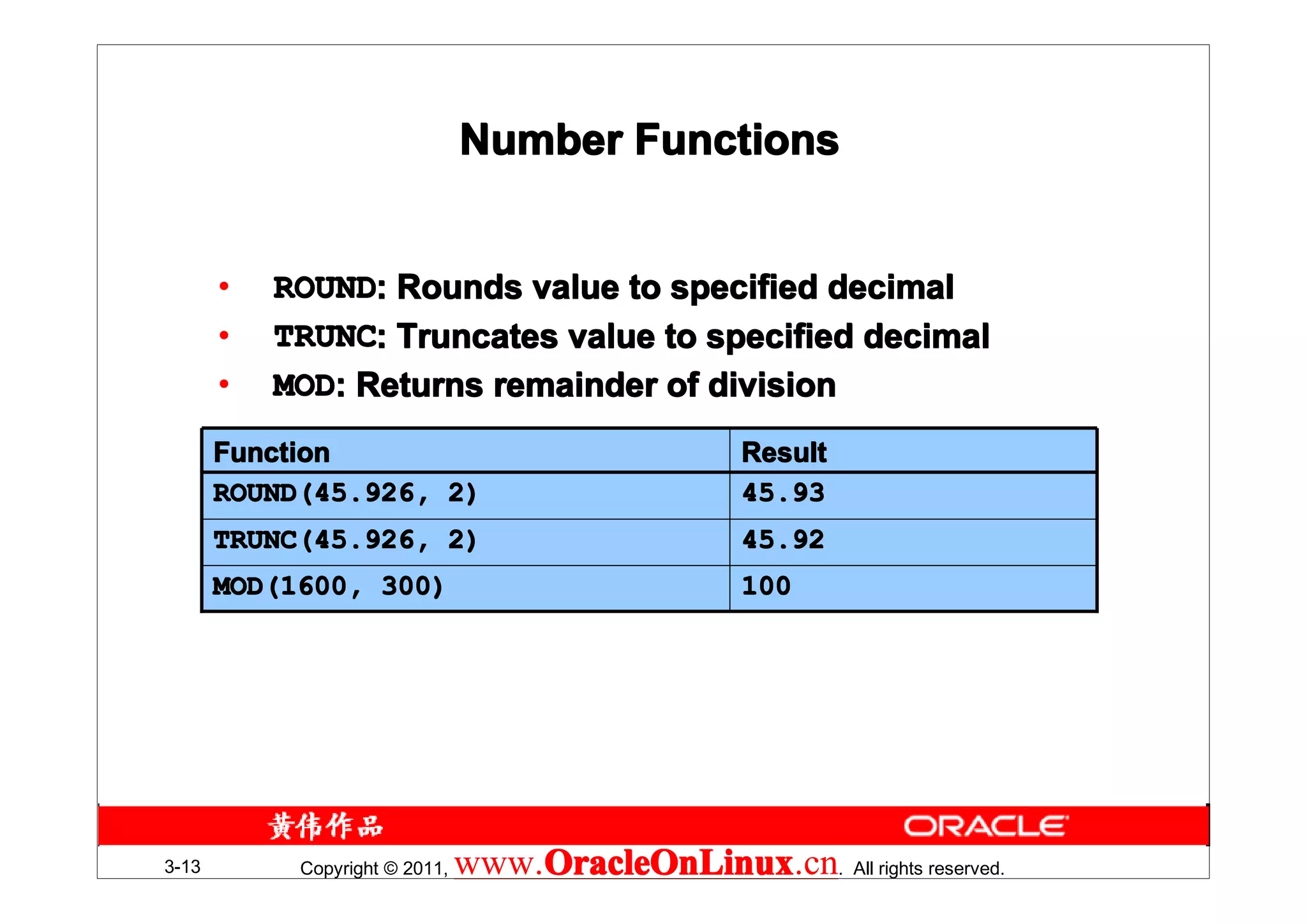 Number Functions


       •   ROUND: Rounds value to specified decimal
       •   TRUNC: Truncates value to specified decimal
       •   MOD: Returns remainder of division
       Function                                     Result
       ROUND(45.926, 2)                             45.93
       TRUNC(45.926, 2)                             45.92
       MOD(1600, 300)                               100




3-13        Copyright © 2011,   www.OracleOnLinux . All rights reserved.
                                    OracleOnLinux
                                    OracleOnLinux.cn
 