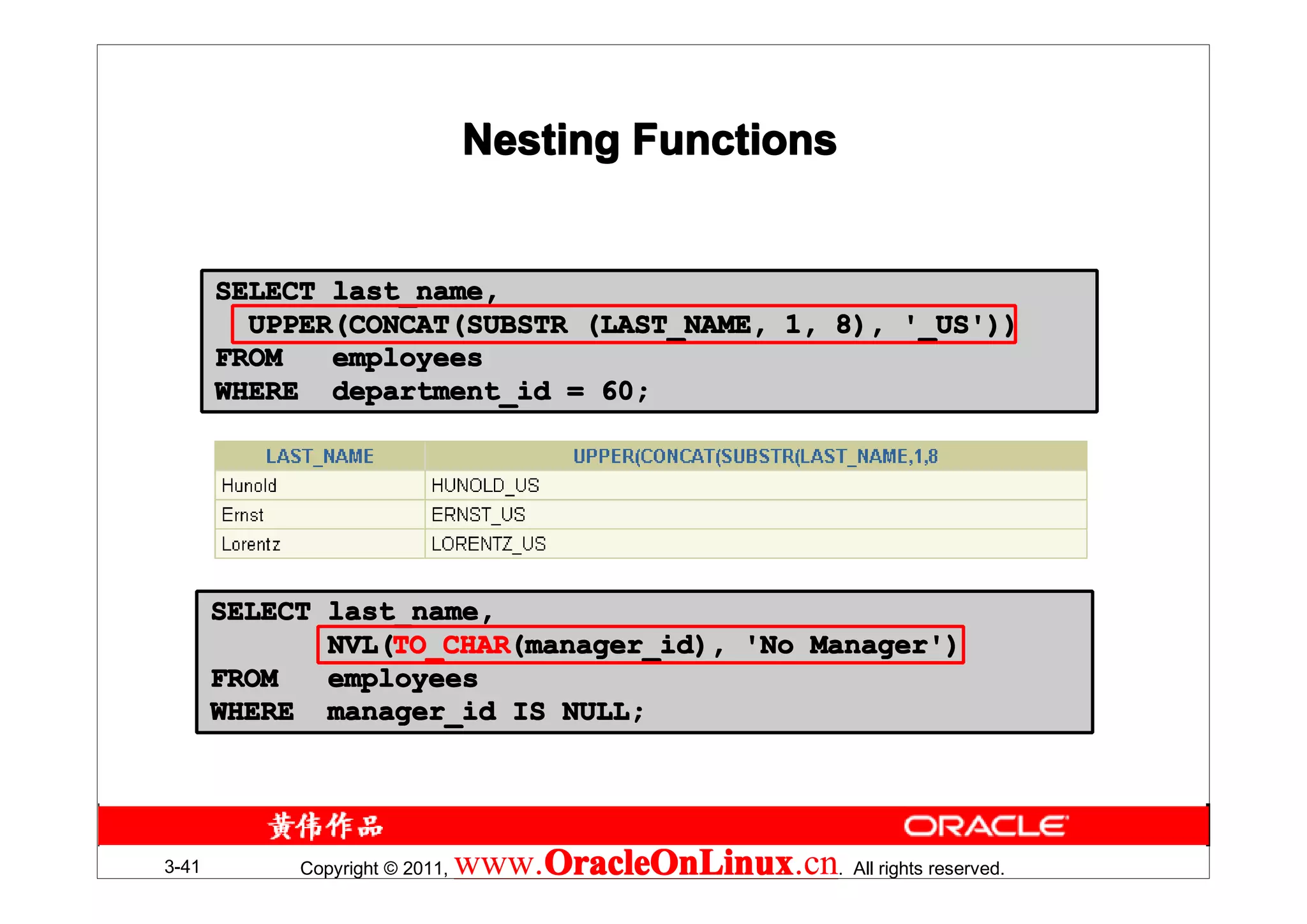 Nesting Functions


       SELECT last_name,
         UPPER(CONCAT(SUBSTR (LAST_NAME, 1, 8), '_US'))
       FROM   employees
       WHERE department_id = 60;




       SELECT last_name,
              NVL(TO_CHAR(manager_id), 'No Manager')
              NVL(TO_CHAR
                  TO_CHAR(manager_id),
       FROM   employees
       WHERE manager_id IS NULL;




3-41        Copyright © 2011,   www.OracleOnLinux . All rights reserved.
                                    OracleOnLinux
                                    OracleOnLinux.cn
 