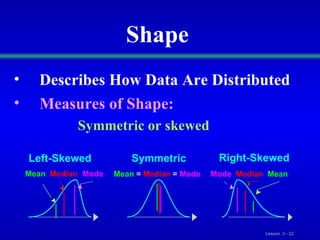 Shape Describes How Data Are Distributed Measures of Shape:  Symmetric or skewed Right-Skewed Left-Skewed Symmetric Mean =  Median =  Mode Mean Median Mode Median Mean Mode 