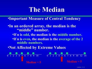 The Median 0  1  2  3  4  5  6  7  8  9  10 0  1  2  3  4  5  6  7  8  9  10  12  14  Median = 5 Median = 5 Important Measure of Central Tendency In an ordered array, the median is the  “ middle” number. If n is  odd , the median is the  middle number . If n is  even , the median is the  average of the 2  middle numbers. Not Affected by Extreme Values 