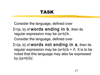 17
TASK
Consider the language, defined over
Σ={a, b} of words ending in b, then its
regular expression may be (a+b)*
b.
Consider the language, defined over
Σ={a, b} of words not ending in a, then its
regular expression may be (a+b)*
b + Λ. It is to be
noted that this language may also be expressed
by ((a+b)*
b)*
.
 