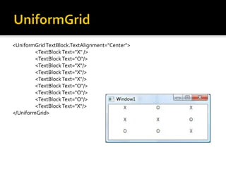<UniformGridTextBlock.TextAlignment="Center">
<TextBlockText="X" />
<TextBlockText="O"/>
<TextBlockText="X"/>
<TextBlockText="X"/>
<TextBlockText="X"/>
<TextBlockText="O"/>
<TextBlockText="O"/>
<TextBlockText="O"/>
<TextBlockText="X"/>
</UniformGrid>
 