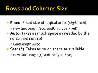  Fixed: Fixed size of logical units (1/96 inch)
 new GridLength(100,GridUnitType.Pixel)
 Auto:Takes as much space as needed by the
contained control
 GridLength.Auto
 Star (*):Takes as much space as available
 new GridLength(1,GridUnitType.Star)
 