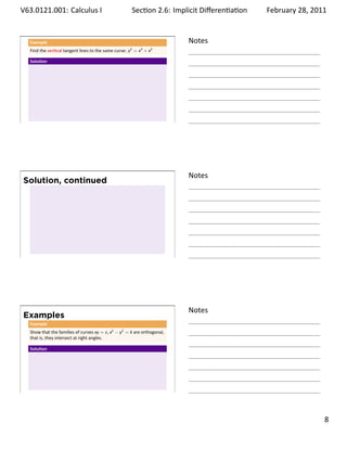 .       V63.0121.001: Calculus I
        .                                                                         Sec on 1.3:. Limits   January 31, 2011


    A piecewise-deﬁned function                                                    Notes
     Example
                |x|
     Find lim       if it exists.
          x→0    x
     Solu on
     The func on can also be wri en as
                                 {
                           |x|    1    if x > 0;
                               =
                            x     −1 if x < 0

     What would be the limit?

.                                                                                  .




    The E-T game with a piecewise                                                  Notes
    function
          |x|
     Find lim       if it exists.
          x→0   x                           y


                                        1

                                            .                     x

                                      −1


.                                                                                  .




    One-sided limits                                                               Notes
     Deﬁni on
     We write
                                     lim f(x) = L
                                    x→a+−
     and say

         “the limit of f(x), as x approaches a from the right, equals L”

     if we can make the values of f(x) arbitrarily close to L (as close to L as
     we like) by taking x to be suﬃciently close to a and greater than a.

.                                                                                  .

                                                                                                                    . 8
.
 