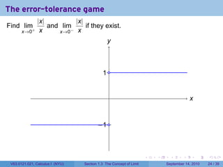 The error-tolerance game
                           y
                           .

                                       .
                                       The limit does not ex-
                                       ist because the func-
                                       tion is unbounded near
                                       0

                       .?.
                       L




                            .                                                                x
                                                                                             .
                                0
                                .


                                                                       .   .     .      .        .   .

 V63.0121.041, Calculus I (NYU)     Section 1.3 The Concept of Limit           September 13, 2010    24 / 36
 