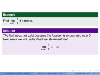 The error-tolerance game = ε, δ




L
. +ε
  L
  .
. −ε
L




         .
                                  . −. δ δ
                                  a . a+
                                    a



                                                                     .   .     .      .      .    .

 V63.0121.041, Calculus I (NYU)   Section 1.3 The Concept of Limit           September 13, 2010   35 / 36
 