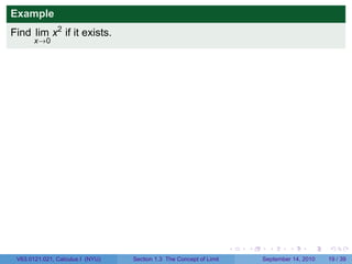 Example
Find lim x2 if it exists.
       x→0




                                                                     .   .     .      .      .    .

 V63.0121.021, Calculus I (NYU)   Section 1.3 The Concept of Limit           September 14, 2010   19 / 39
 