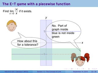 The E-T game with a piecewise function
          |x|
Find lim      if it exists.
       x→0 x
                                             y
                                             .
                                              .
                                                     .
                                                     No. Part of
   .                                                 graph inside
                                          . .
                                          1
                                                     blue is not inside
                                                     green
                 .
          .      How about this               .                                           ..
                                                                                           x
                 for a tolerance?


                                       . 1.
                                       −


                                              .
                                                                             .
                                                                     .   .         .      .      .    .

 V63.0121.021, Calculus I (NYU)   Section 1.3 The Concept of Limit               September 14, 2010   22 / 39
 
